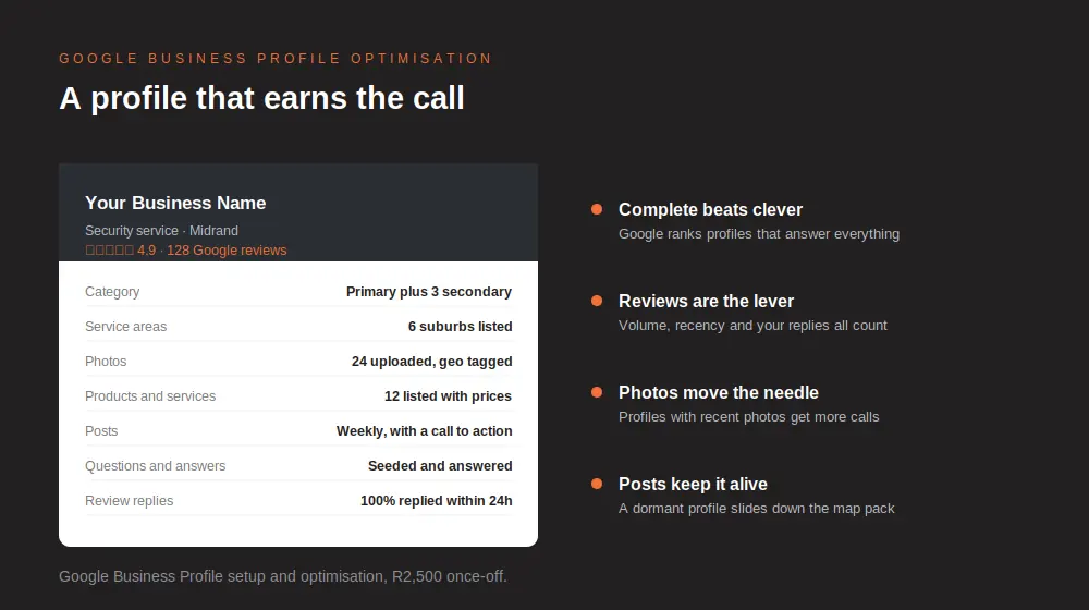Google Business Profile optimisation checklist showing categories, service areas, photos, posts and review replies