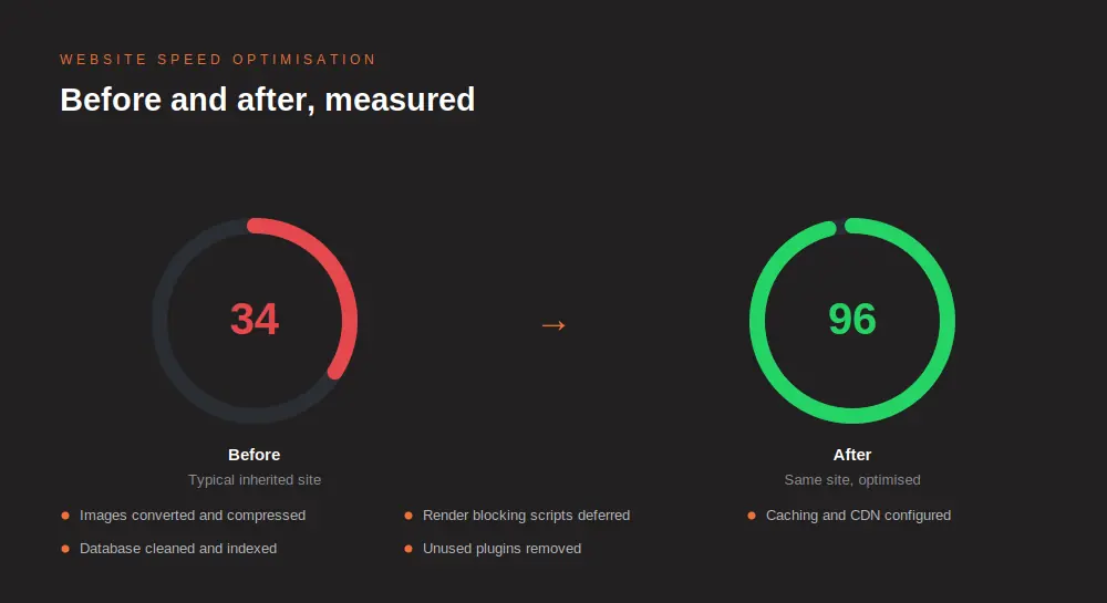 Website speed optimisation in South Africa showing performance scores before and after optimisation work